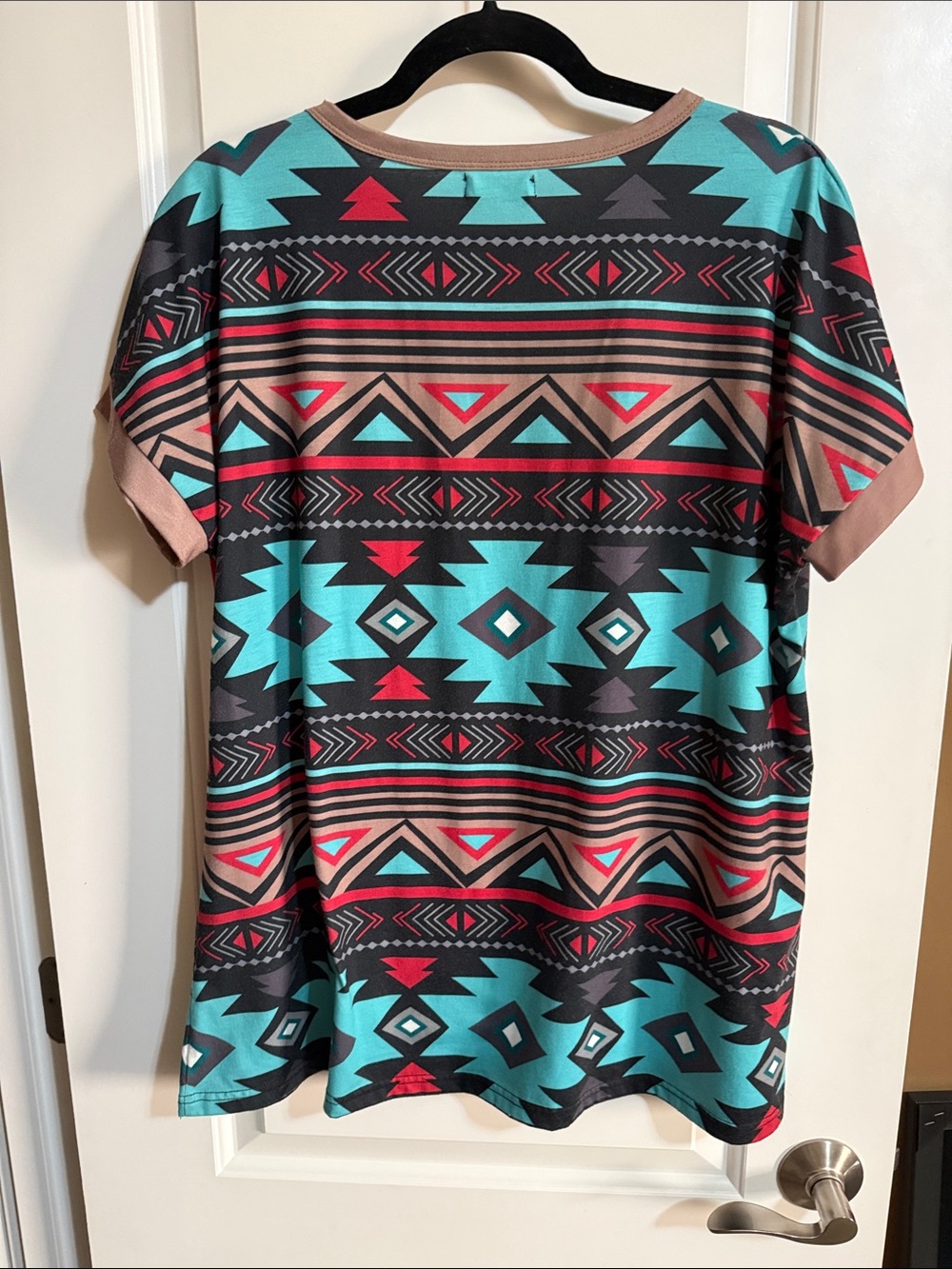 Aztec Print Short Sleeve Tee in Turquoise, Black, Brown & Red - Cotton Blend - Picture 3 of 4